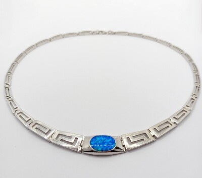 925 Opal blue fire wide Meandros Greek necklace