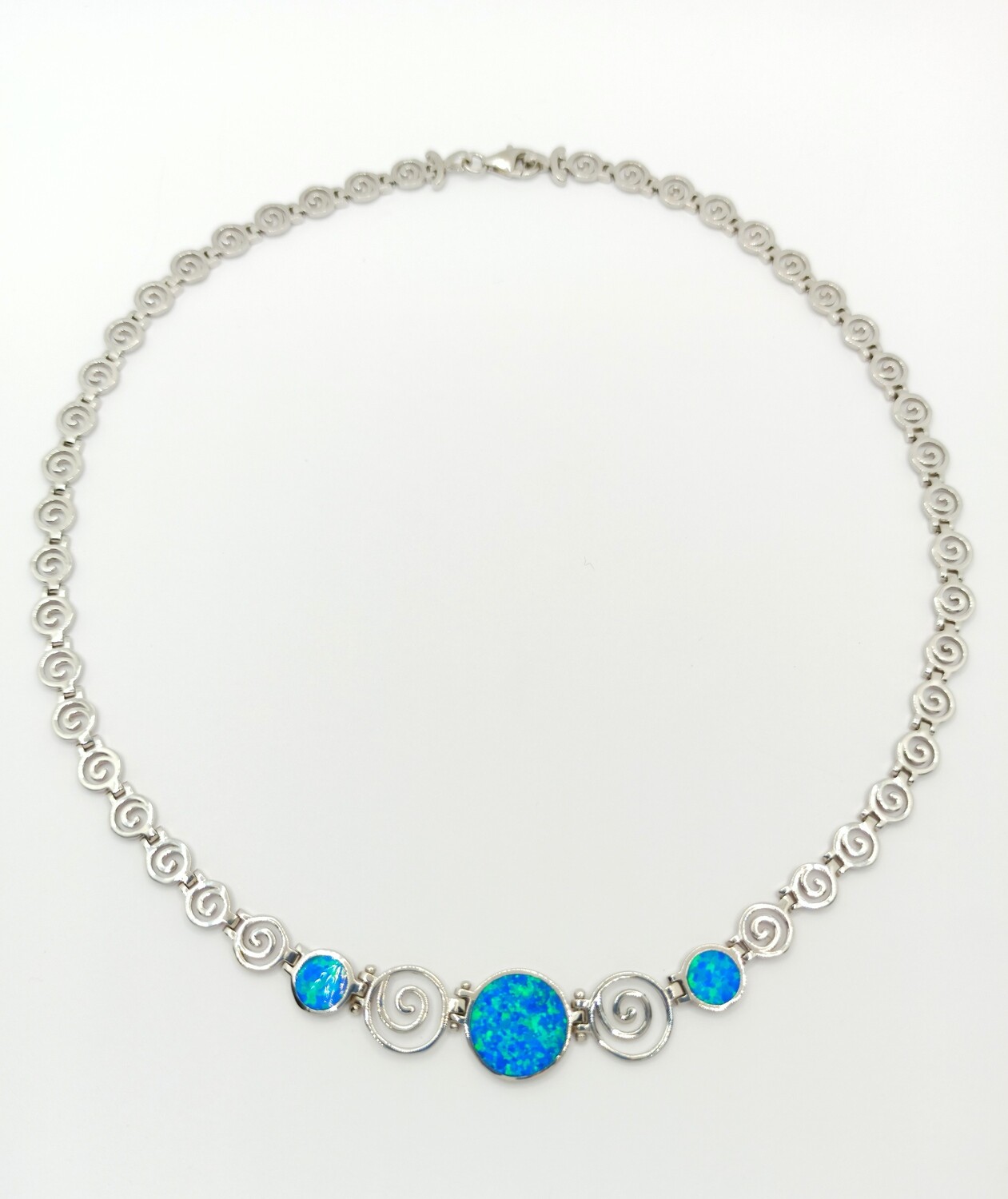 925 Opal blue fire spiral Meandros Greek necklace