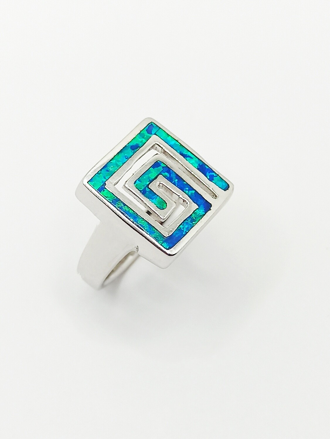 Silver 925 Opal blue square Meandros Greek ring