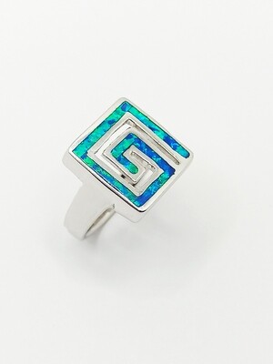 Silver 925 Opal blue square Meandros Greek ring