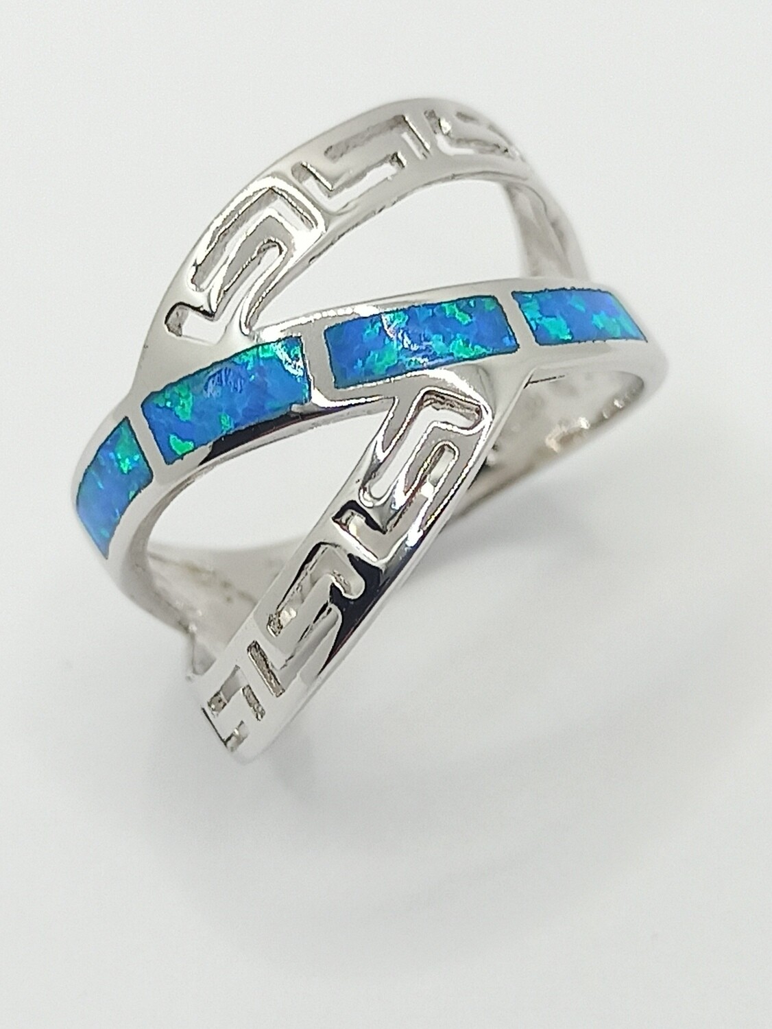 Silver 925 Opal blue wide Meandros Greek ring