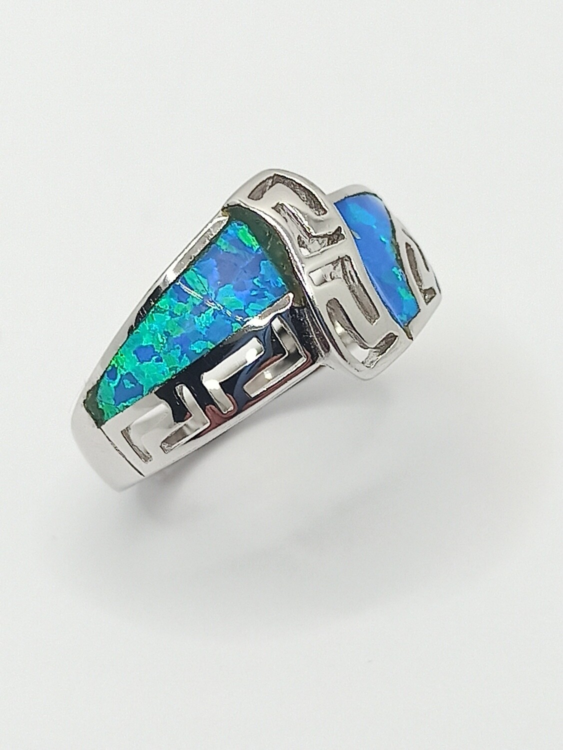 Silver 925 Opal blue Meandros Greek ring