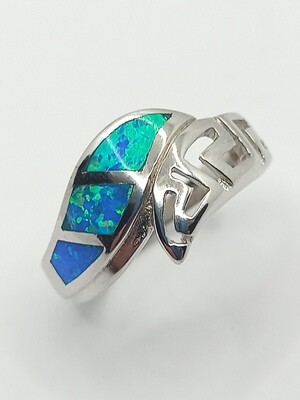 Silver 925  Opal blue fire Meandros Greek ring