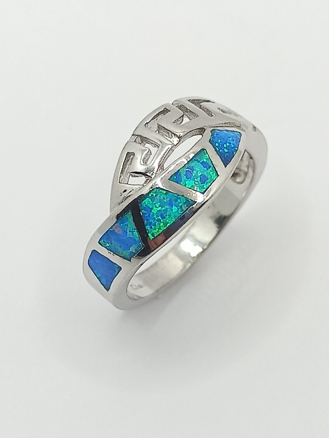 Silver 925  Opal blue fire Meandros Greek ring
