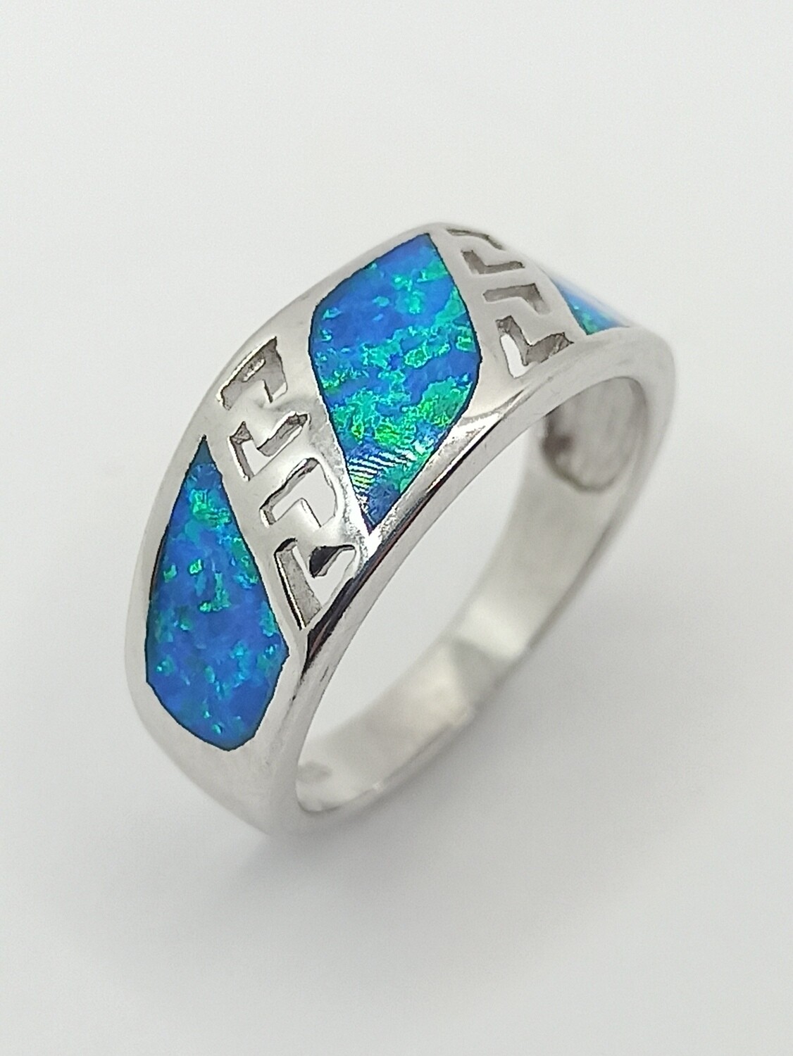 Silver 925  Opal blue fire Meandros Greek ring