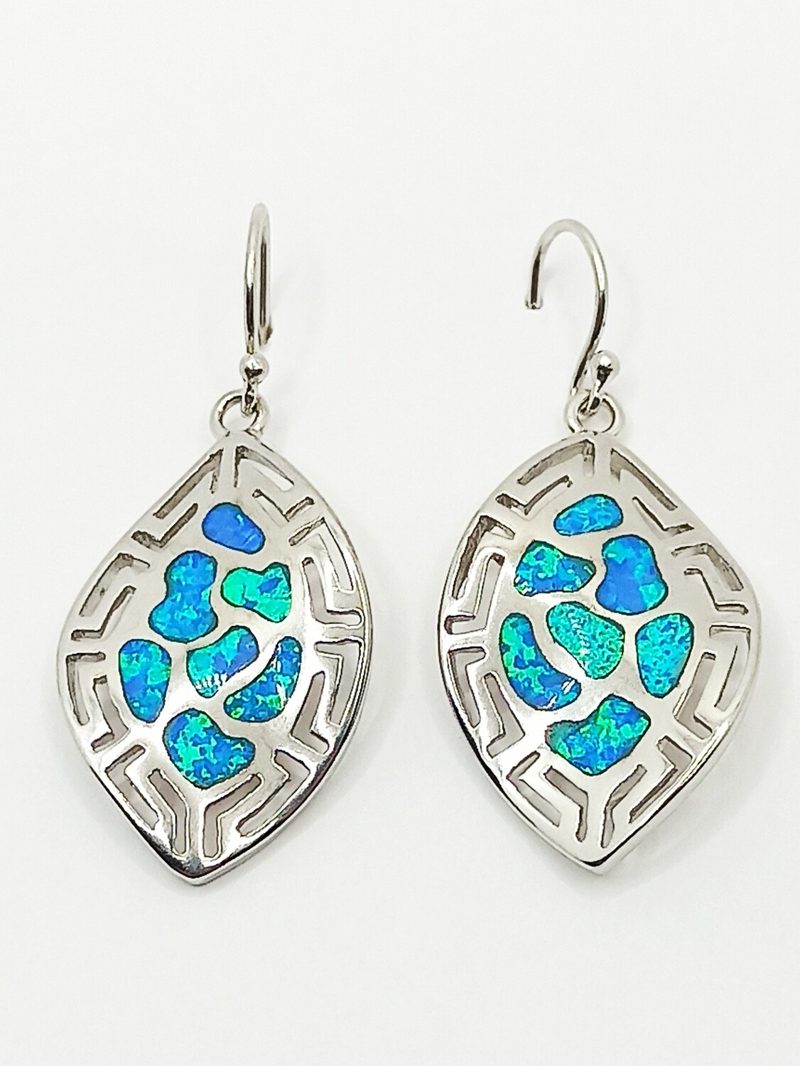Silver 925 Opal blue leaf shape Meandros hook  earrings