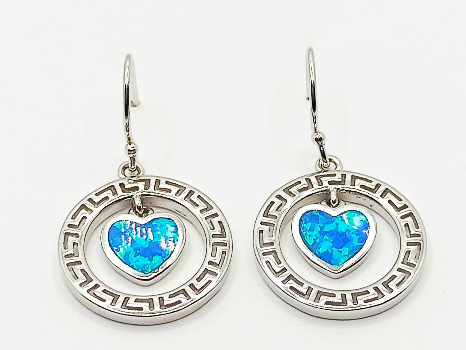 Silver 925 Opal blue Meandros heart hook earrings
