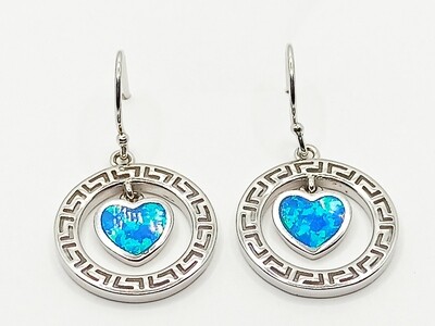 Silver 925 Opal blue Meandros heart hook earrings