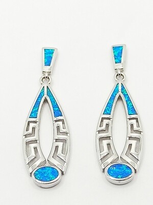 Silver 925 Opal blue long oval Meandros Greek stud earring