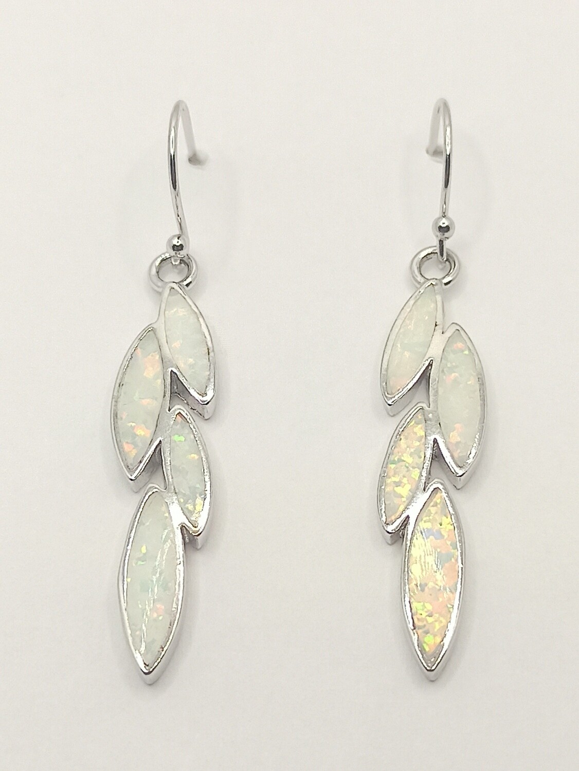 Silver 925 Opal white long olive leaf hook earrings