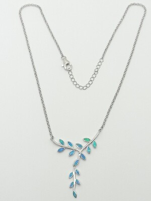 925 Opal blue fire dangling olive leaf necklace