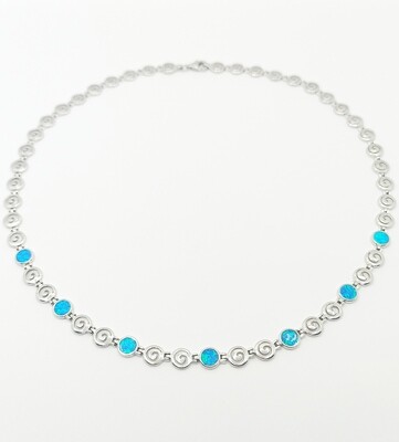 925 Opal blue fire spiral Meandros Greek necklace