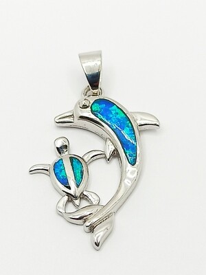 Silver 925 Opal blue dolphin-turtle pendant