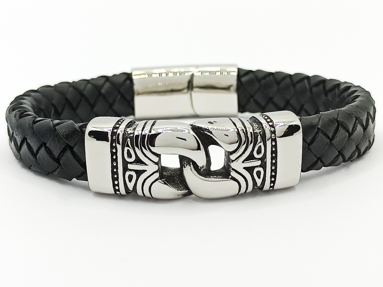 Stainless thick leather eagle claw bikers mens bracelet