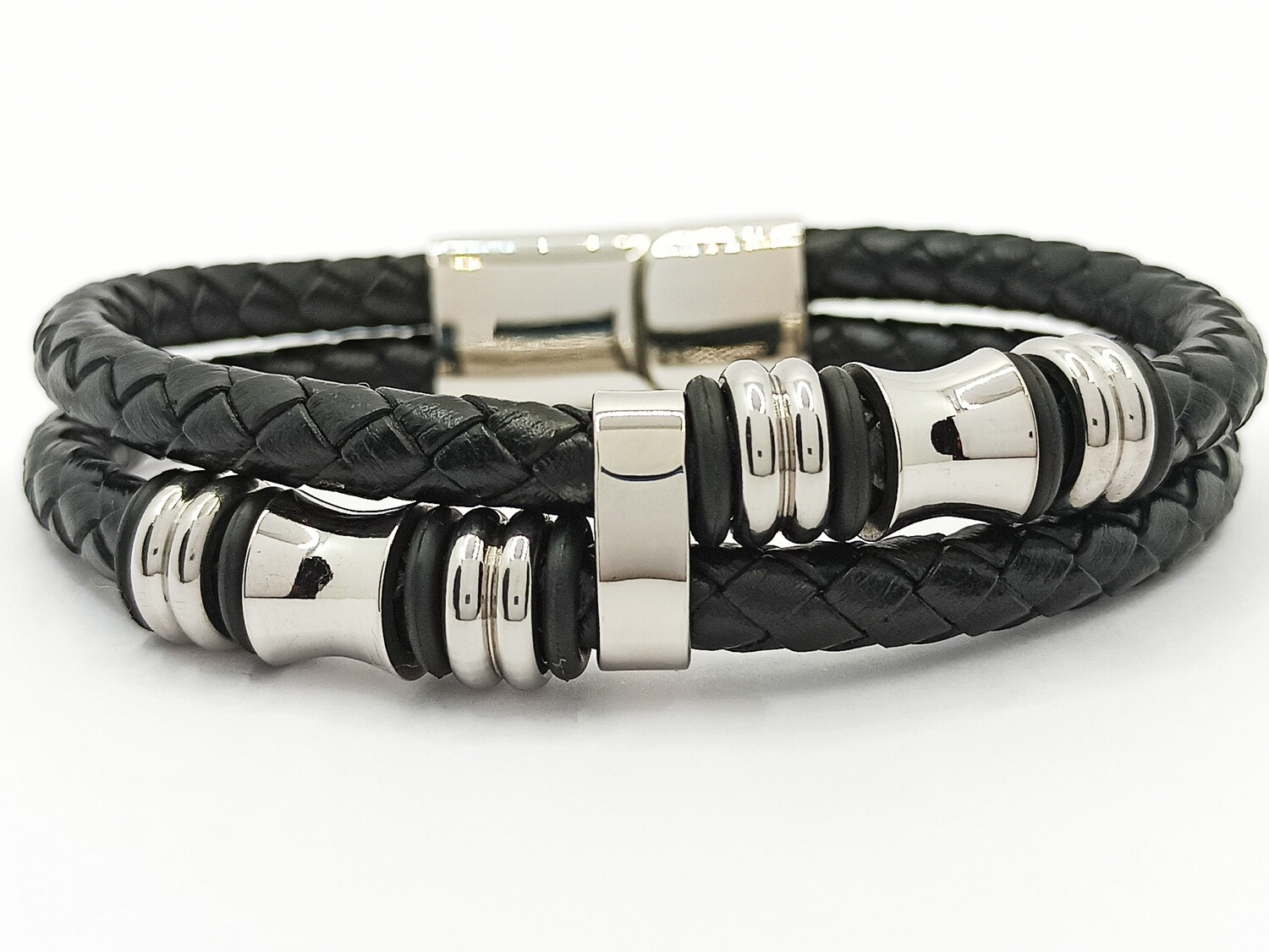 Stainless steel double leather men bracelet, COLOR: 1 Bracelet  silver color