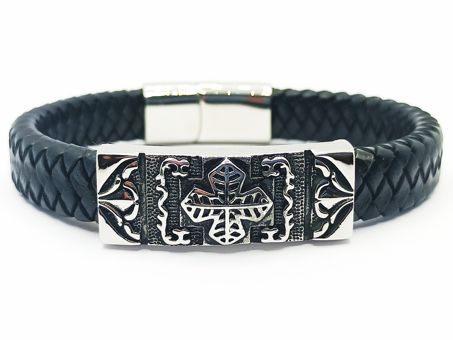 Stainless steel silver thick leather mens bracelet
