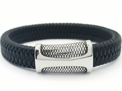 Stainless steel black leather cobra shape mens bracelet