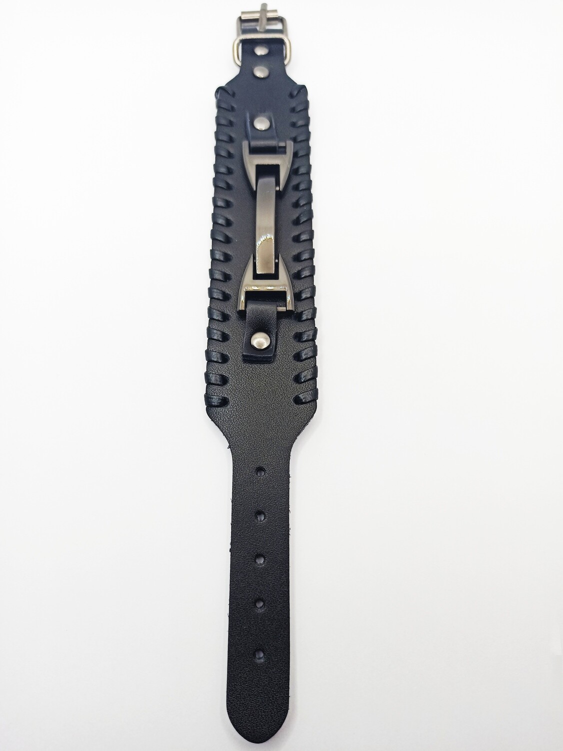 Stainless steel black thick flat leather mens bracelet