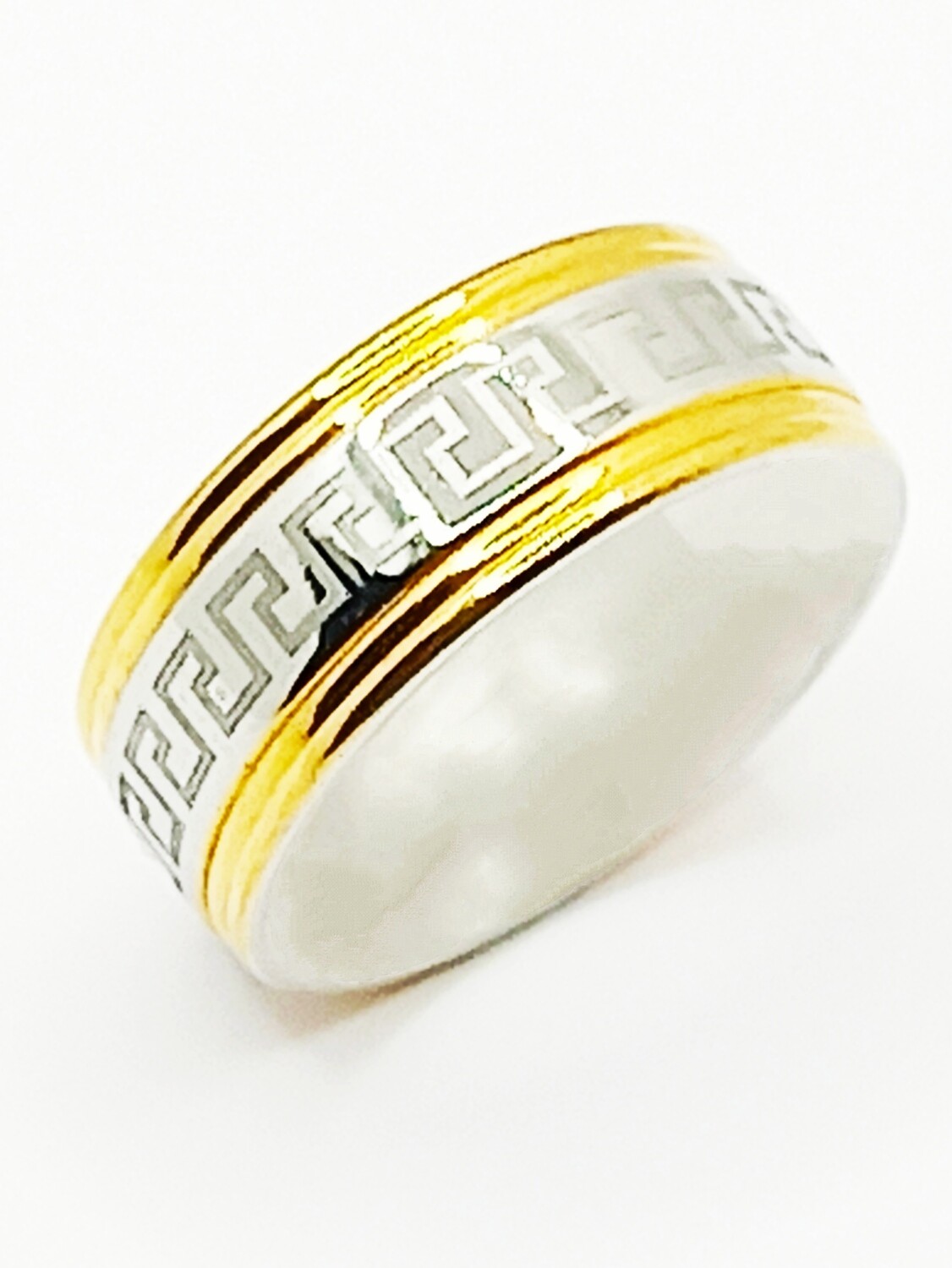 Stainless Steel gold-silver wide meandros ring