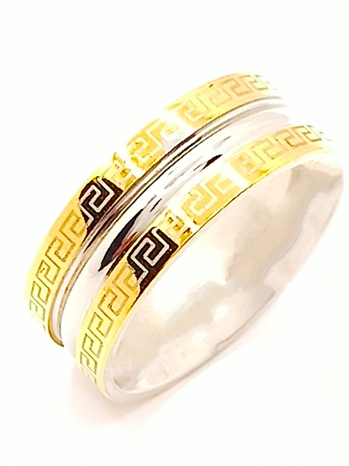 Stainless Steel gold-silver wide meandros ring