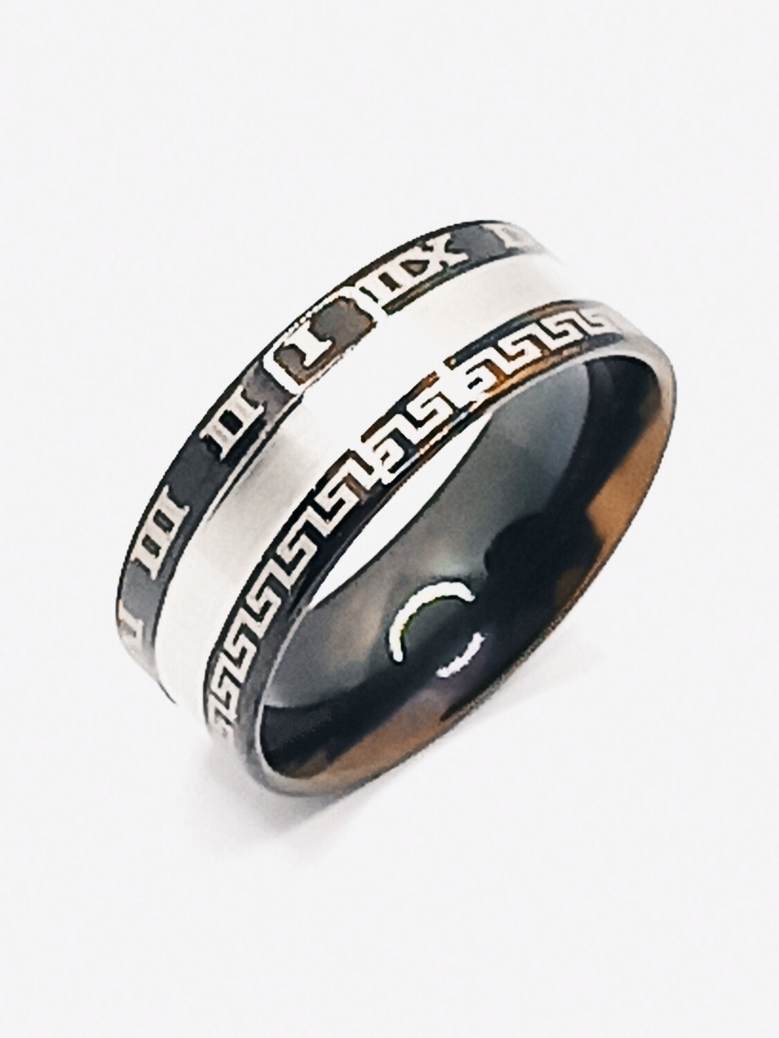 Stainless Steel black-silver wide meandros ring