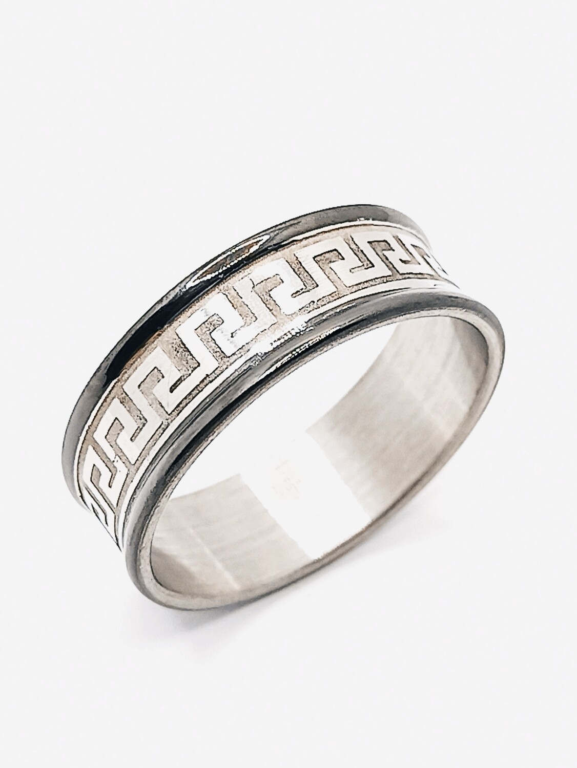 Stainless Steel black-silver wide meandros ring