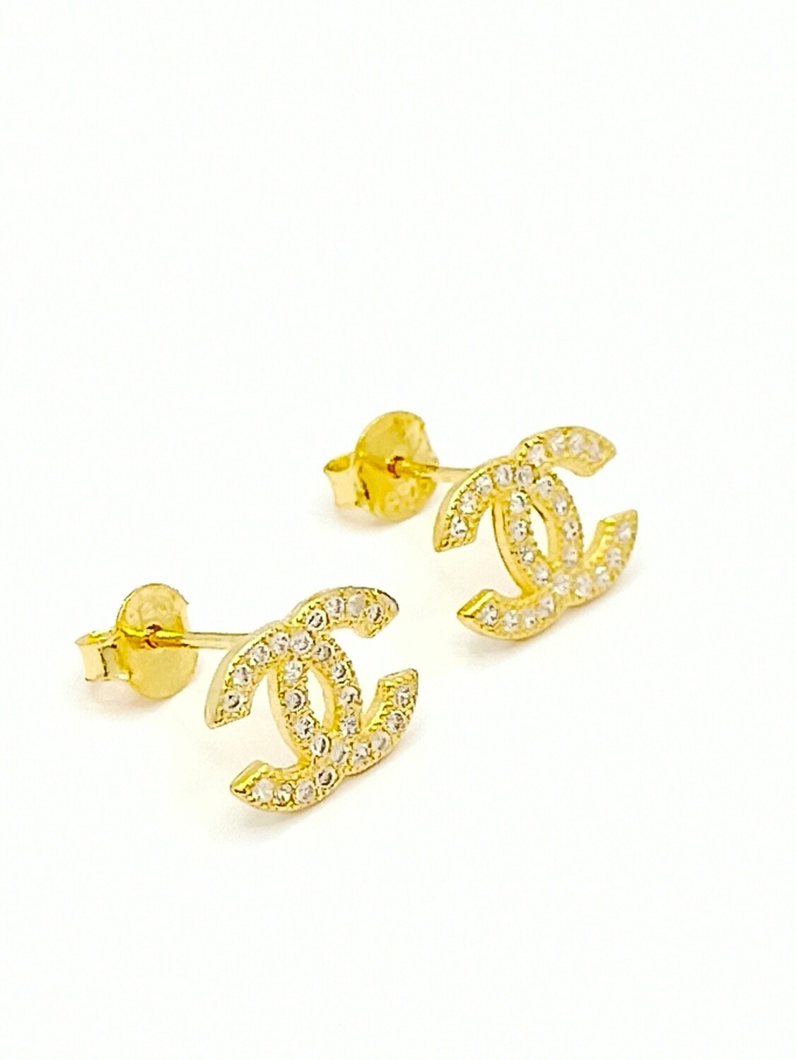 Silver 925 channel  white stone stud earrings, MODEL-COLOR-STONE COLOR: 1-Gold-CZ White zirconia