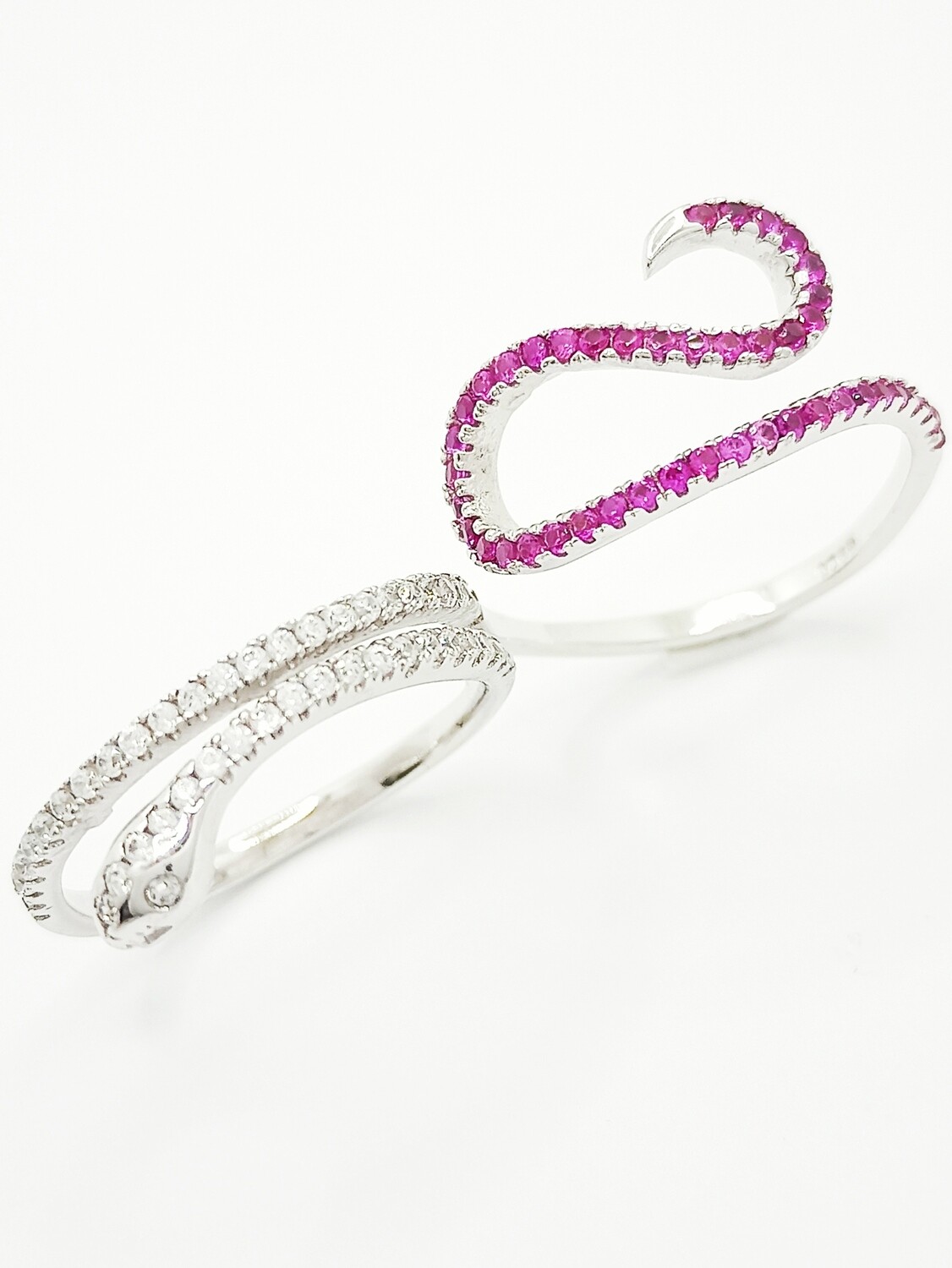 Silver 925 snake white &amp; fuchsia double ring