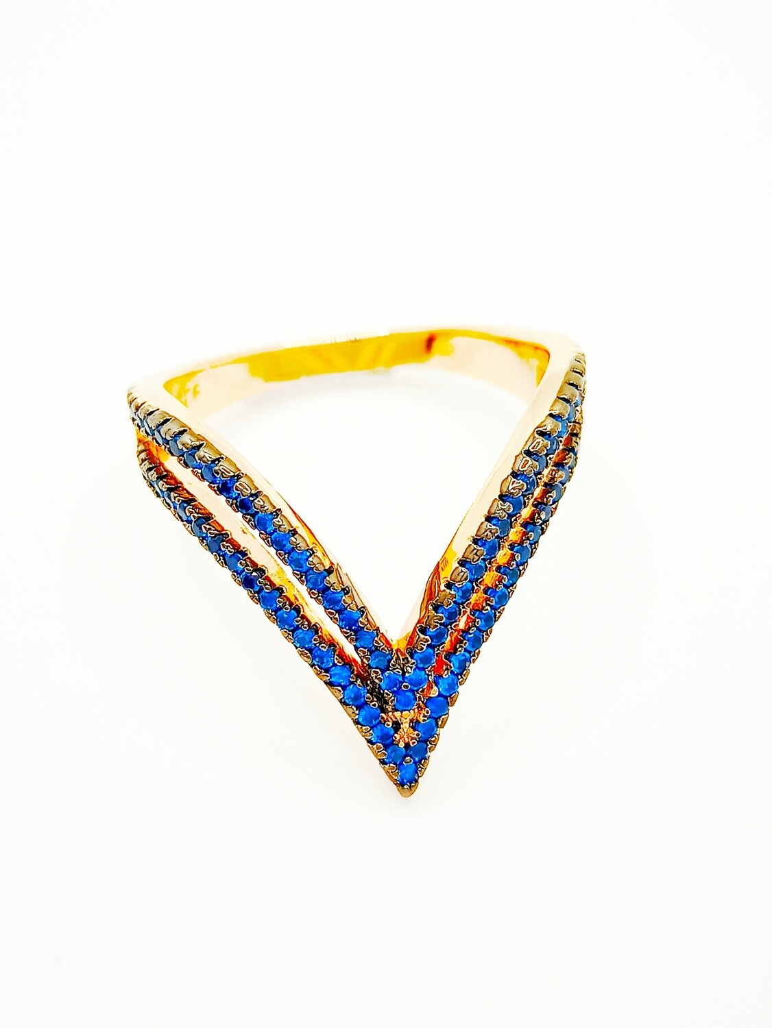 Silver 925 double V gold ring blue stone