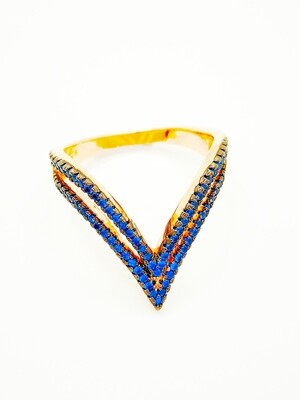 Silver 925 double V gold ring blue stone