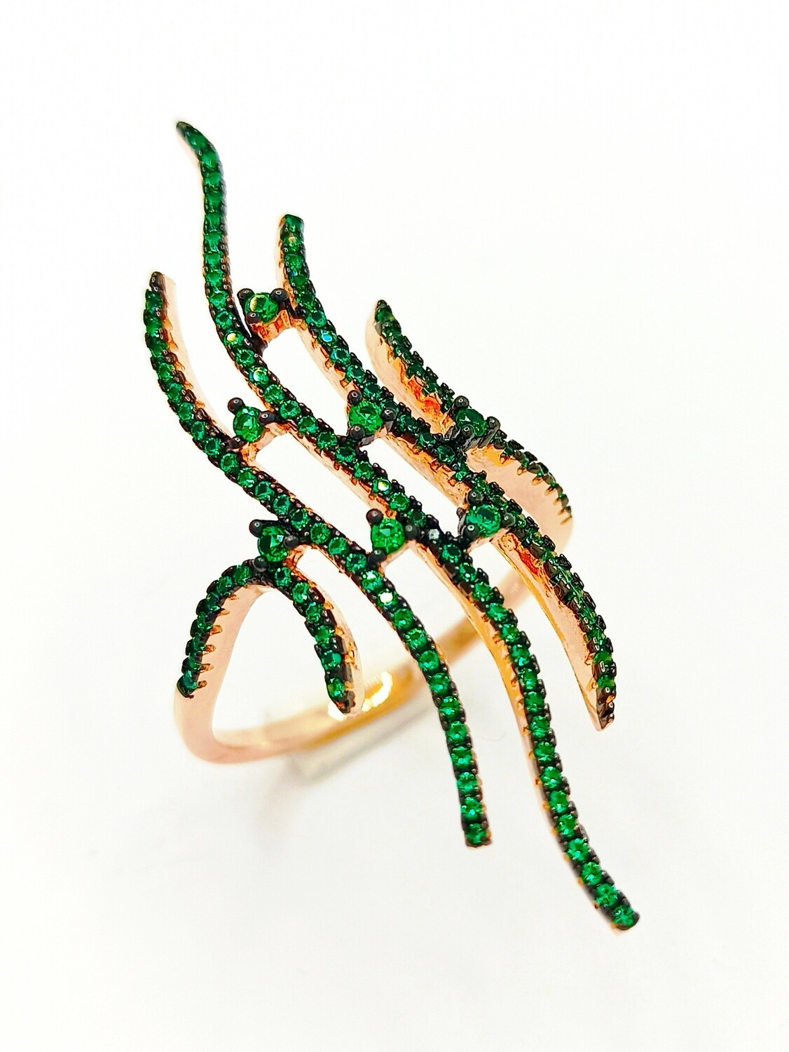 Silver 925 modern long rose ring with green stone