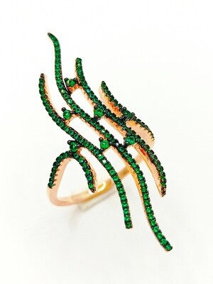 Silver 925 modern long rose ring with green stone