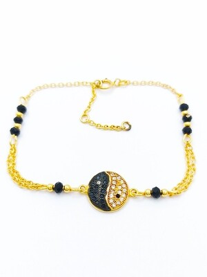 Silver 925 2 chain Yin and yang gold hand bracelet