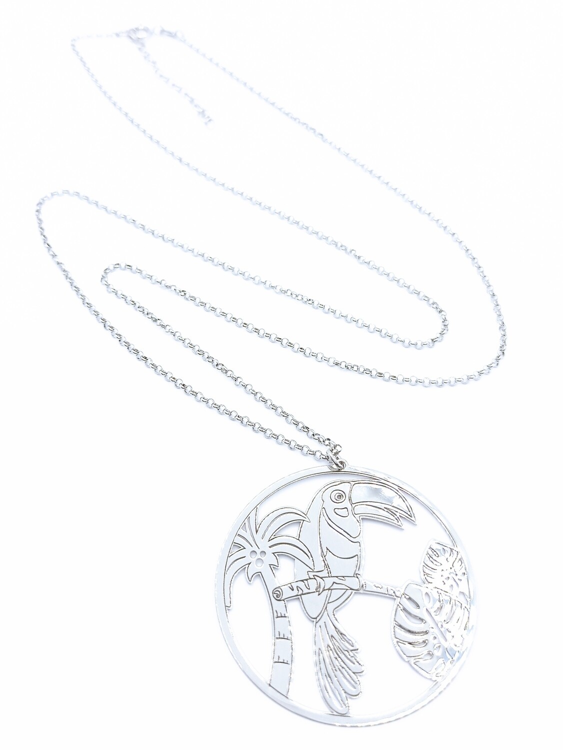Silver 925 long chain TOUCAN exotic bird necklace