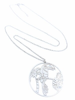 Silver 925 long chain TOUCAN exotic bird necklace