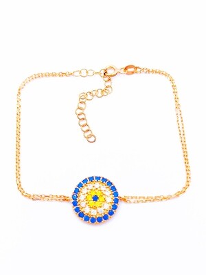 Silver 925 evil eye 2 chain rose hand bracelet 1.4cm
