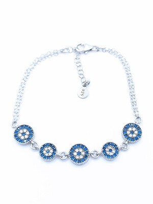 Silver 925 evil eye 2 chain hand bracelet