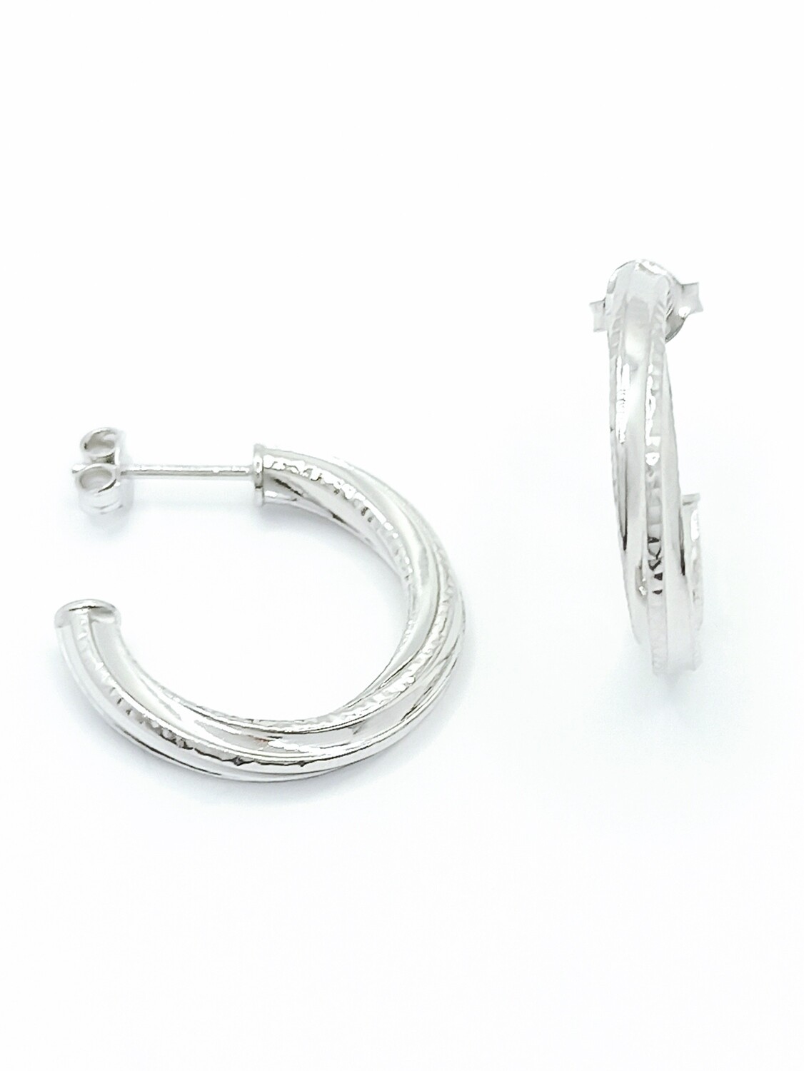 Silver 925 shiny and diamond scratch hoop earrings