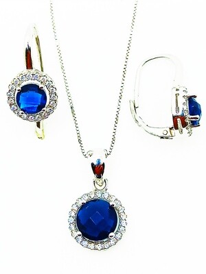 Silver 925 SET round blue zirconia necklace &amp; earrings &amp; ring