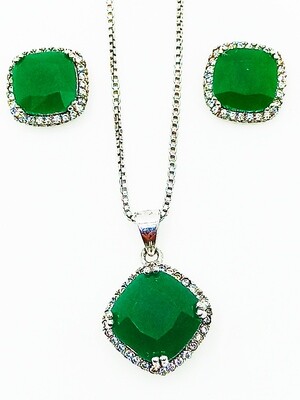 Silver 925 set square green stone necklace &amp; earrings