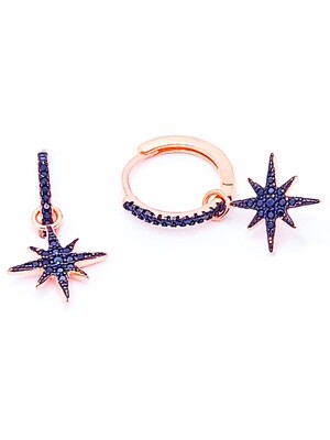 Silver 925 Northern Star rose hanging hoop earrings black stone