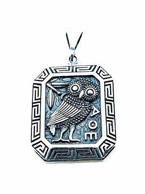 925 Silver greek square owl bird pendant