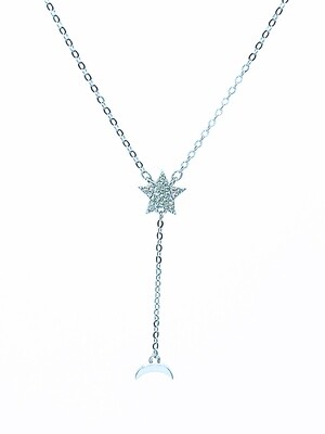 Silver 925 star moon white stone tie necklace
