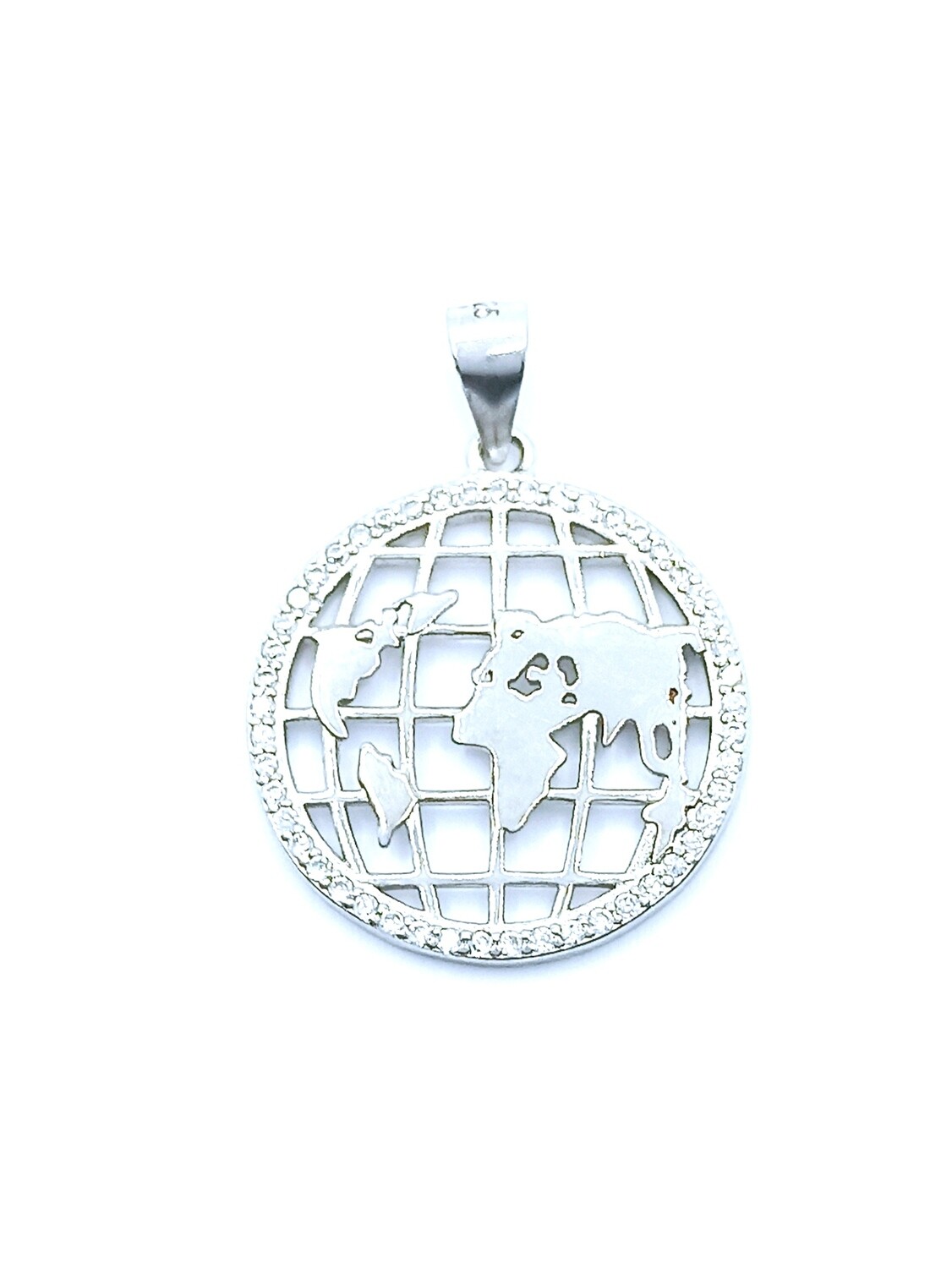 Silver 925 world map round pendant white stone