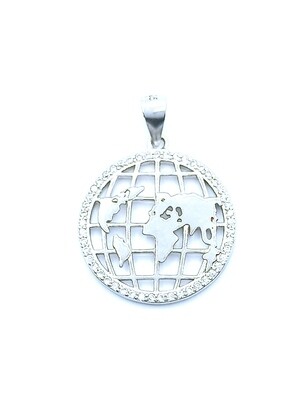 Silver 925 world map round pendant white stone