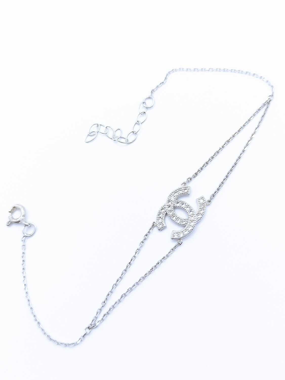 Silver 925 modern double chain hand bracelet with stone