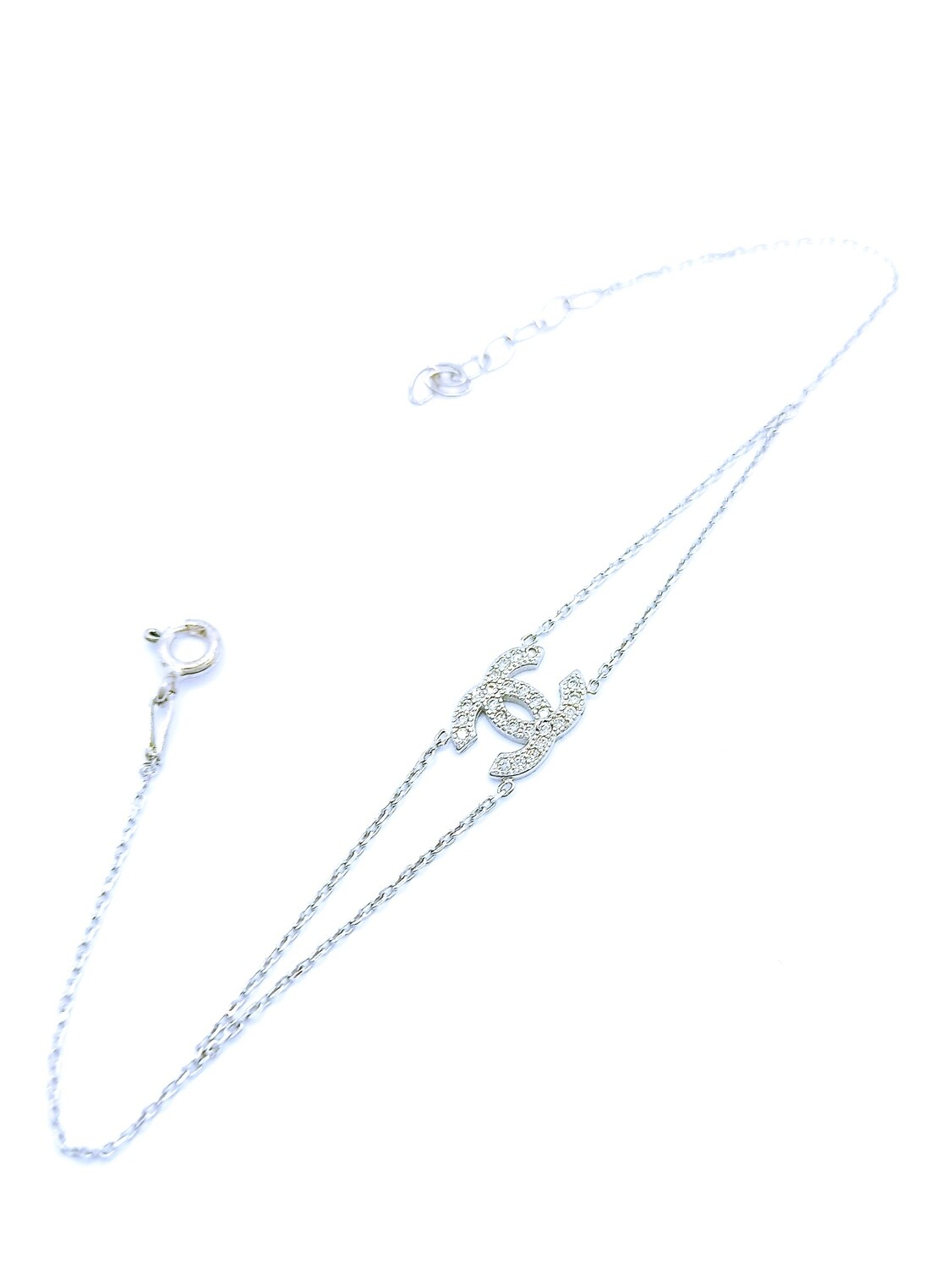 Silver 925 modern double chain hand bracelet with stone