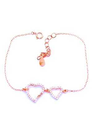 Silver 925 rose hand bracelet double heart with stone