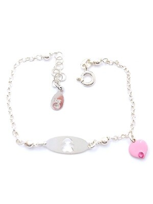 Silver 925 children id girl and pink heart hand bracelet