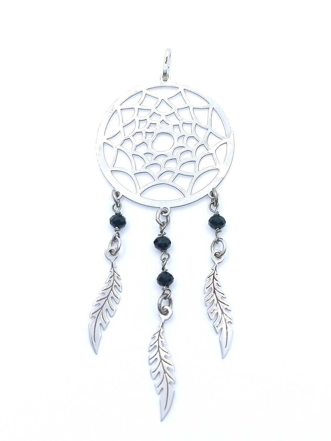Silver 925 dreamcatcher 3 feather black stone pendant